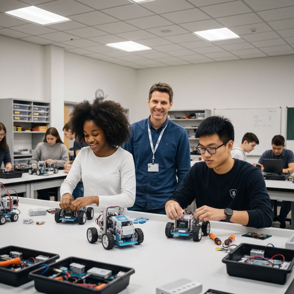 Students building robots in robotics lab